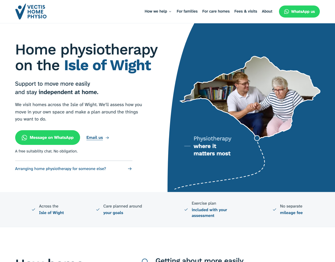 Vectis Home Physio homepage, explaining home physiotherapy and the people Jacob helps