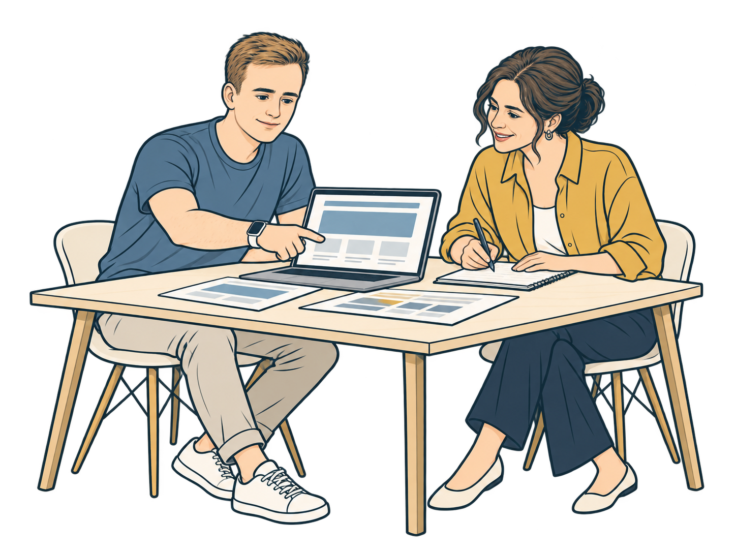 Illustration of Matt and a client reviewing a website and making notes at a worktable.